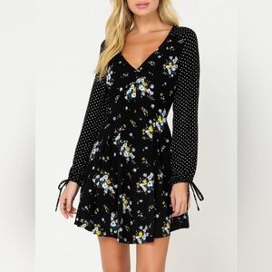 NWT Miss Selfridge Black Floral Polka Dot Mixed Print Long Sleeve Skater Dress 8